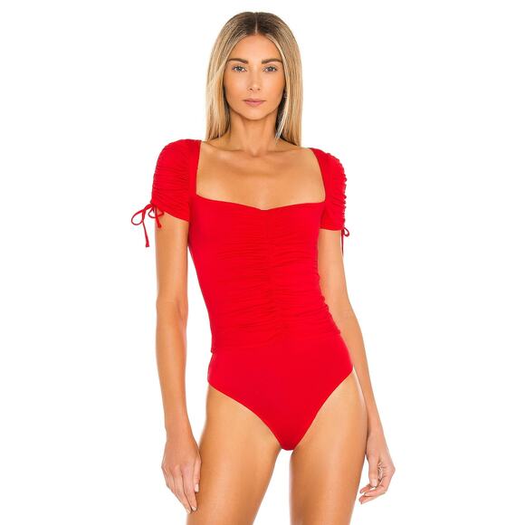 Lovers & Friends Jupiter Bodysuit Red‎ Front Ruched Sz S Pull On Short Sleeve - Picture 1 of 13